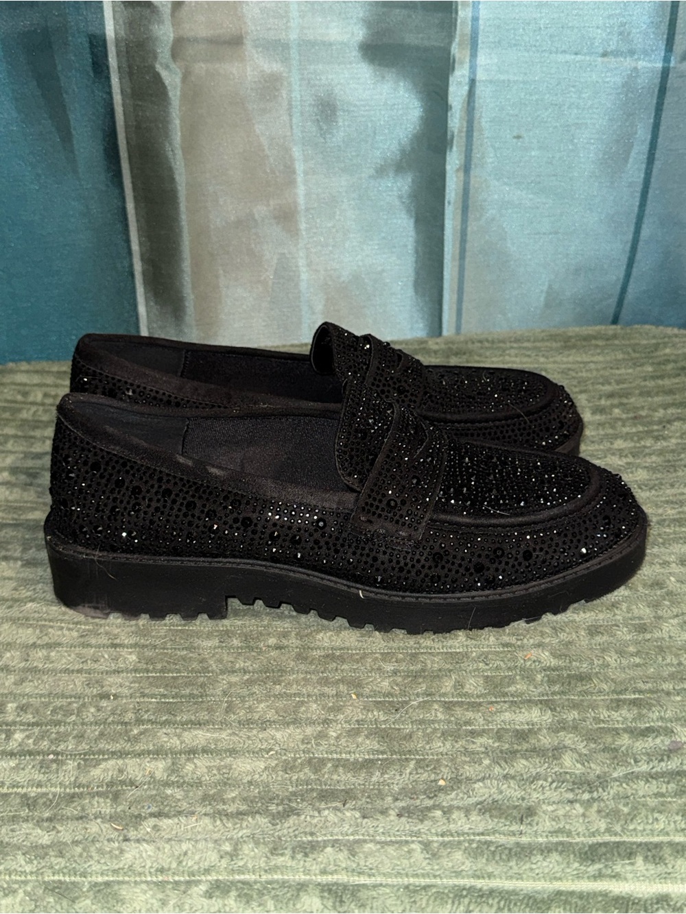 Women’s Black Rhinestone Loafer - Elegant Slip-On Shoe